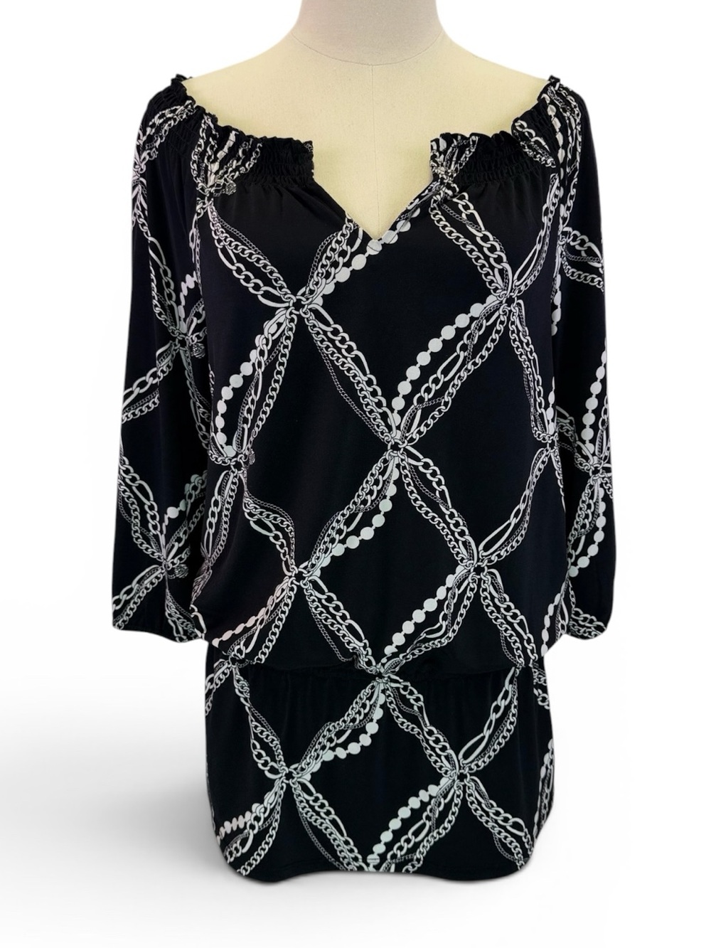White House Black Market Women’s Black Tunic Chain Print Ruffle Sleeve Size S